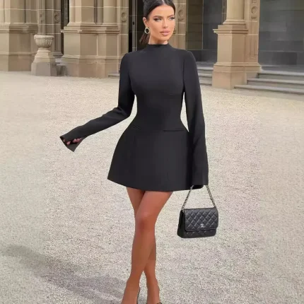 Women Fashion Sexy Solid Color Long-Sleeve Slim Fit Dress - Image 3