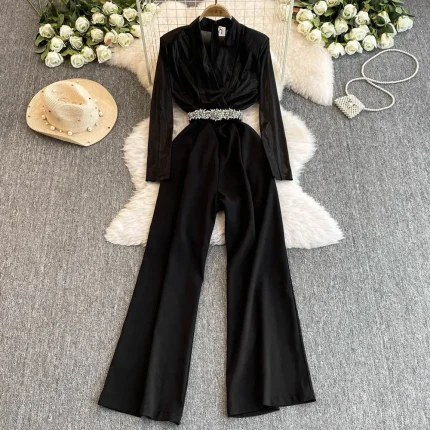 Women Fashion Casual Contrast Color V-Neck Long-Sleeve Tight Waist Wide Leg Jumpsuits - Image 4