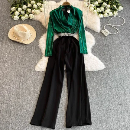 Women Fashion Casual Contrast Color V-Neck Long-Sleeve Tight Waist Wide Leg Jumpsuits - Image 5