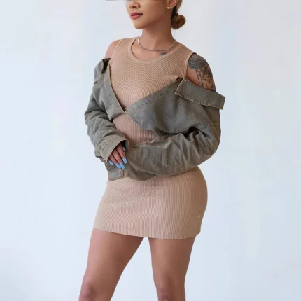 Women Fashion Creative Denim Stitching Long-Sleeve Slim Fit Dress - Image 4