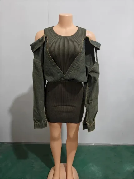 Women Fashion Creative Denim Stitching Long-Sleeve Slim Fit Dress - Image 5