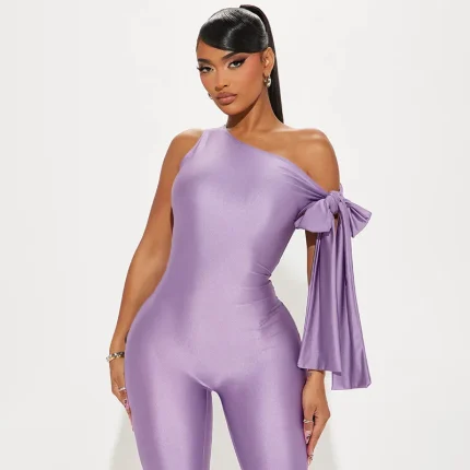 Women Fashion Sexy Solid Color Slanted Shoulder Sleeveless Lace-Up Tight Jumpsuit - Image 4