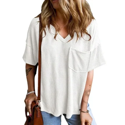 Women Fashion Casual Solid Color Threaded Pocket V-Neck Short-Sleeved T-Shirt - Image 4