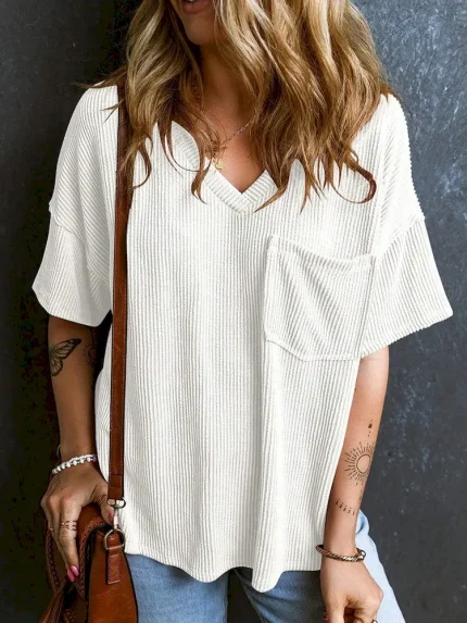 Women Fashion Casual Solid Color Threaded Pocket V-Neck Short-Sleeved T-Shirt - Image 5