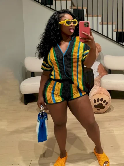 Women Fashion Casual Hollow Knitted Lapel Short-Sleeve Top Slim Fit Shorts Two-Piece Set - Image 3