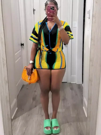 Women Fashion Casual Hollow Knitted Lapel Short-Sleeve Top Slim Fit Shorts Two-Piece Set - Image 4