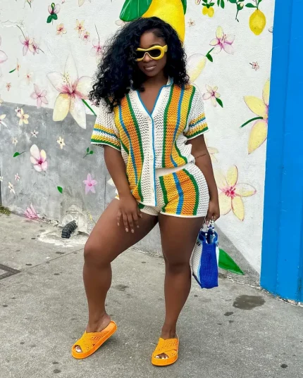 Women Fashion Casual Hollow Knitted Lapel Short-Sleeve Top Slim Fit Shorts Two-Piece Set - Image 5