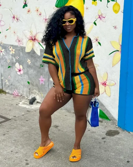 Women Fashion Casual Hollow Knitted Lapel Short-Sleeve Top Slim Fit Shorts Two-Piece Set - Image 6