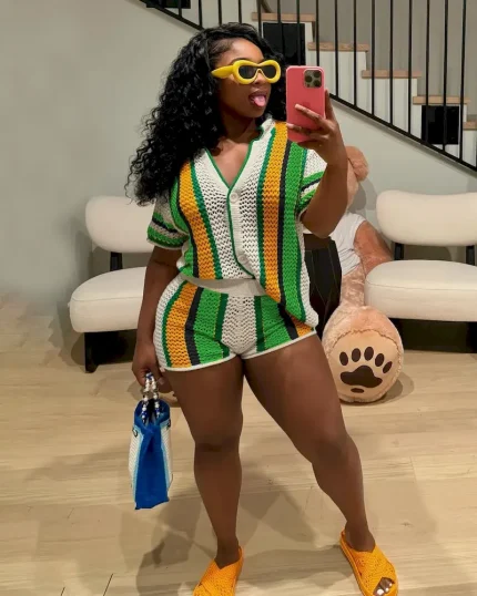 Women Fashion Casual Hollow Knitted Lapel Short-Sleeve Top Slim Fit Shorts Two-Piece Set - Image 7