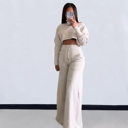 Women Fashion Casual Solid Color Long-Sleeve Crop Top Slim-Fit Pants Two-Piece Set - Image 3