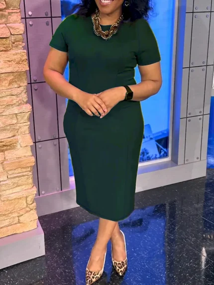 Women Fashion Casual Solid Color Plus Size Short-Sleeve Slim-Fit Dress - Image 6