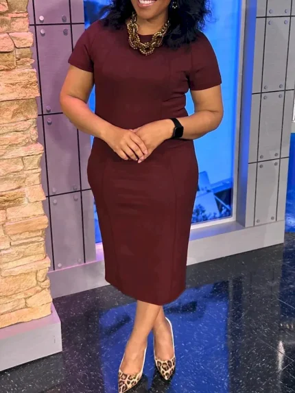 Women Fashion Casual Solid Color Plus Size Short-Sleeve Slim-Fit Dress - Image 7