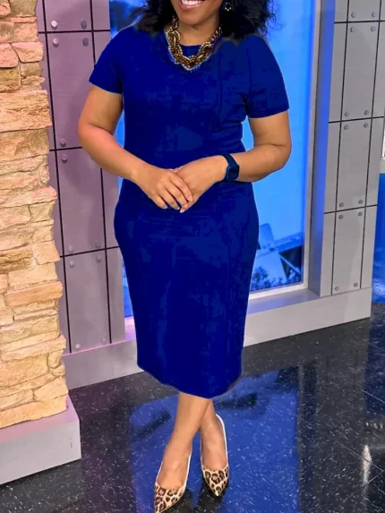 Women Fashion Casual Solid Color Plus Size Short-Sleeve Slim-Fit Dress - Image 8