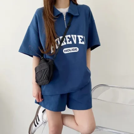 Women Fashion Casual Letter Printed Lapel Zipper Short Sleeve T-Shirt Loose Shorts Two-Piece Set - Image 4