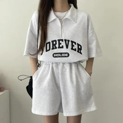 Women Fashion Casual Letter Printed Lapel Zipper Short Sleeve T-Shirt Loose Shorts Two-Piece Set - Image 6
