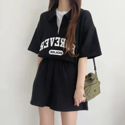 Women Fashion Casual Letter Printed Lapel Zipper Short Sleeve T-Shirt Loose Shorts Two-Piece Set - Image 7