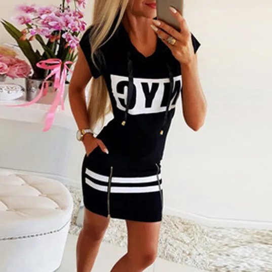 T103D1651B_29315.webp Women Fashion Casual Letter Print Short-Sleeve Hooded Slim-Fit Dress - Image 1