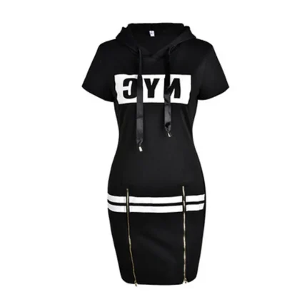 Women Fashion Casual Letter Print Short-Sleeve Hooded Slim-Fit Dress - Image 3