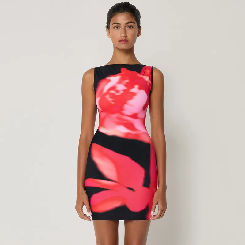 T103D1658F_29173.webp Women Fashion Sexy Digital Printing Round Neck Sleeveless Slim Fit Dress - Image 1