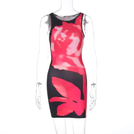 Women Fashion Sexy Digital Printing Round Neck Sleeveless Slim Fit Dress - Image 5