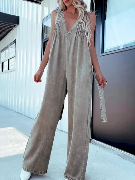 Women Fashion Casual Pleated V-Neck Sleeveless Backless Denim Jumpsuits - Image 3