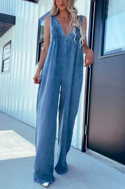 Women Fashion Casual Pleated V-Neck Sleeveless Backless Denim Jumpsuits - Image 5