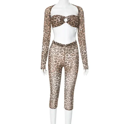 Women Fashion Sexy Leopard Mesh See-Through Long Sleeve Lace-Up Crop Top Slim Fit Shorts Two-Piece Set - Image 4